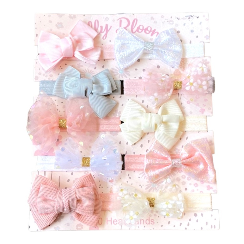 NEW! Bundle 10 Headbands With Bows Dainty Newborn Baby Pink Cream White Gray